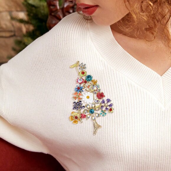 LARGE Crystal Studded Enamel and Goldtone CHRISTMAS TREE Brooch COLORFUL A15S2 - Picture 6 of 6